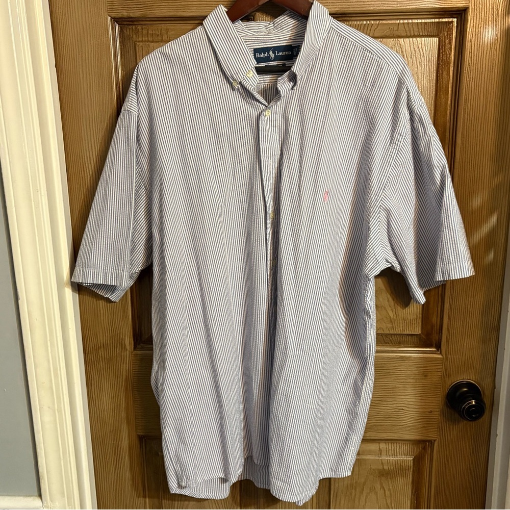 Polo Ralph Lauren men’s blue white seersucker striped button down short XL tall
